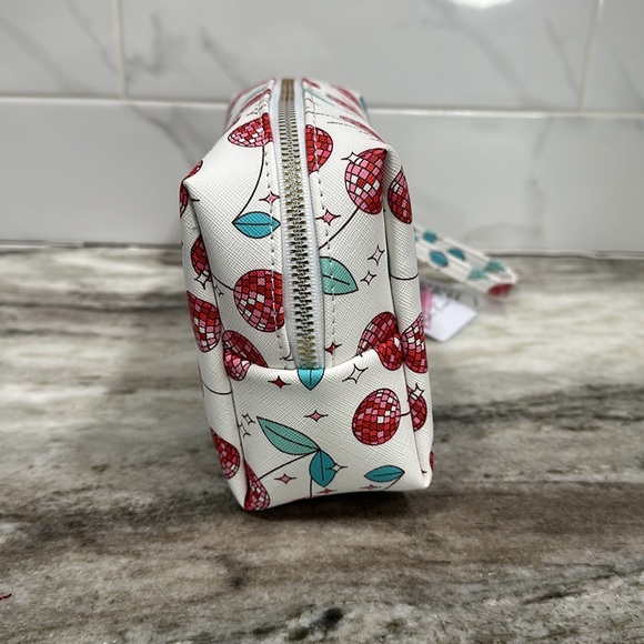 Cherry Disco Ball COSMETICS BAG Zipper Pouch Wristlet NEW Vegan Leather Peta - Picture 3 of 8